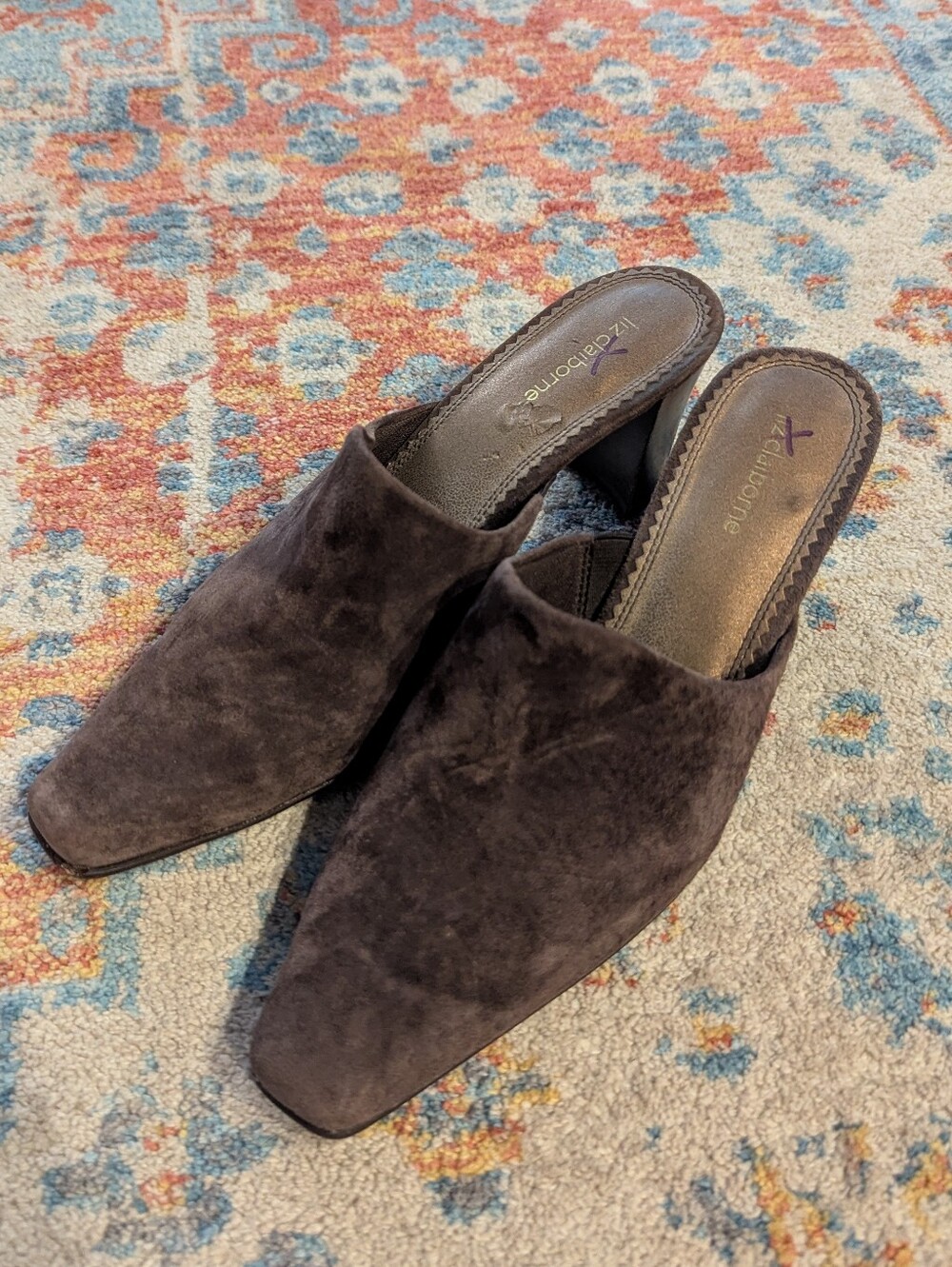Y2K Square Toe Brown Suede Block Heel Mules Liz Claiborne Women's 7.5 M